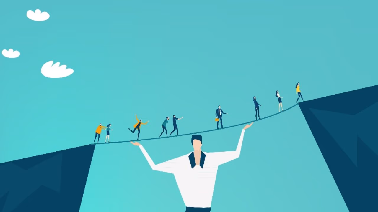 Illustration of a servant leader holding a bridge with their arms, supporting a group of diverse individuals walking across safely, symbolizing the concept of servant leadership where leaders empower and uplift others.