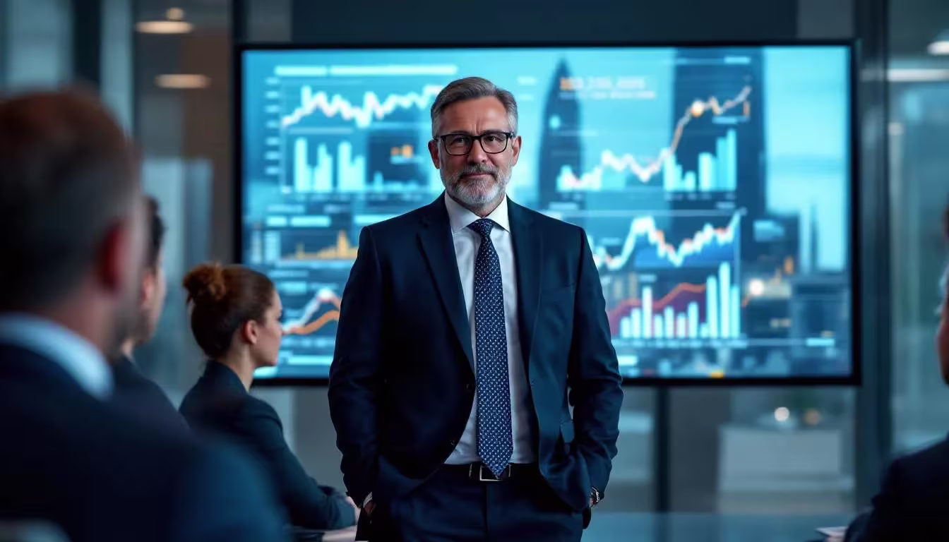Executive presenting global data dashboards on a large screen