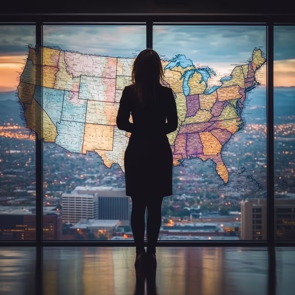 Business women looking at the US map